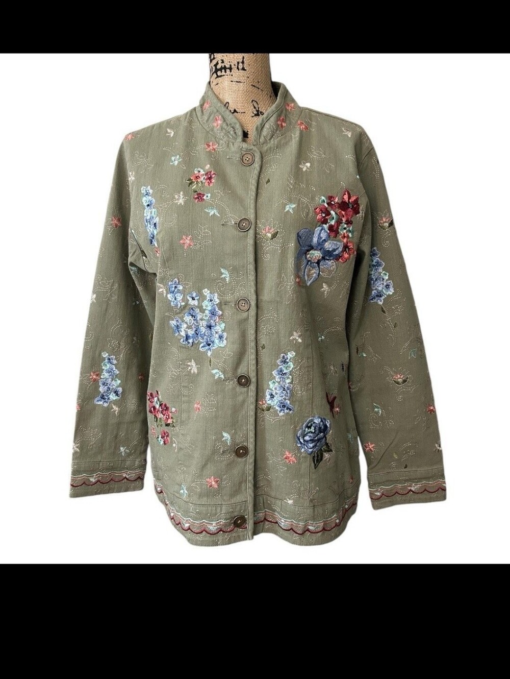 Embroidered Olive Floral Button-Front Jacket